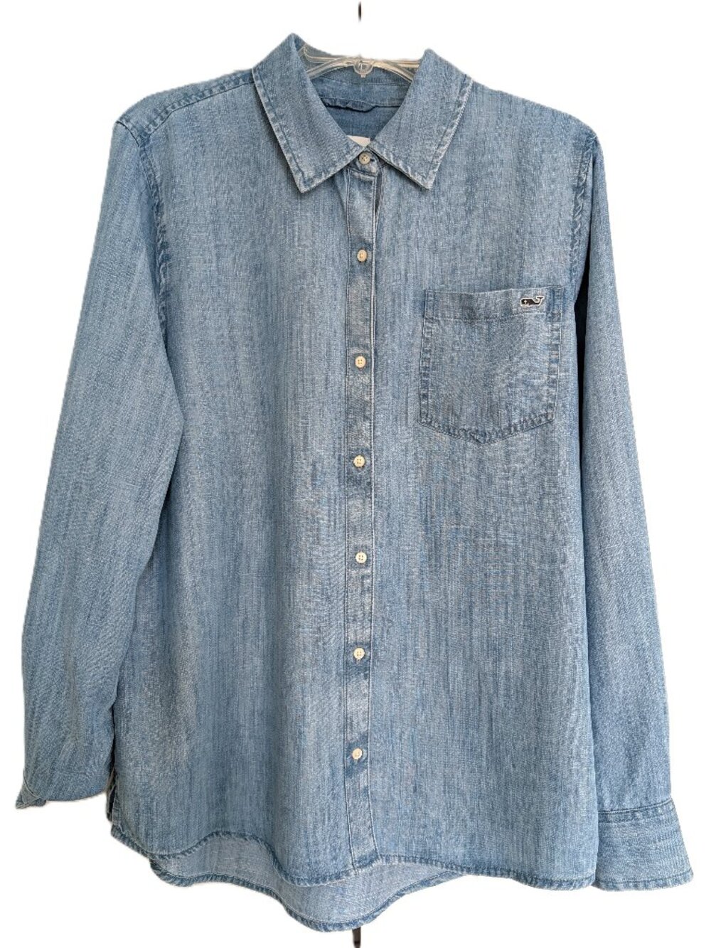 Vineyard Vines Women 14 Tencel Chambray Shirt Blue Button Down Whale Logo